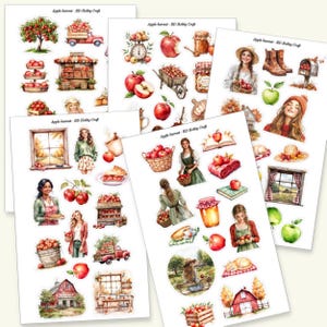 Könnte beinhalten: Eine Sammlung von Aufkleberbögen mit dem Titel Apple harvest - RD Hobby Craft mit Aquarellillustrationen von roten Äpfeln, Apfelbäumen, Holzkisten, Bauernhäusern, Einmachgläsern und Personen in herbstlicher Kleidung in Ernteszenen.