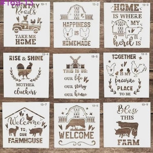 May include: A set of nine square white stencils featuring farm-themed designs with text and illustrations of trucks, barns, windmills, cows, pigs, and chickens. Each stencil is labeled with a number from 13-1 to 13-9, displaying phrases like Country Roads, Happiness is Homemade, and Bless This Farm.