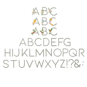 May include: A collection of gray letter and number cutouts. The letters "ABC" are decorated with floral and star accents. The full alphabet, numbers, and punctuation are displayed in a simple, sans-serif font.