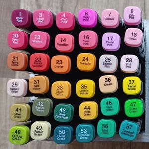 Può includere: Una collezione di pennarelli artistici disposti in una griglia, ognuno con un tappo colorato con un numero e un nome di colore stampati. La tavolozza include varie tonalità di rosso, rosa, arancione, giallo, verde e turchese, per tonalità.