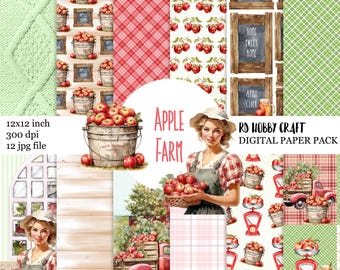 May include: A digital paper pack with an apple farm theme. The pack includes various patterns such as red plaid, green gingham, and watercolor illustrations of apples, buckets, and a woman holding a basket of apples. The text "Apple Farm" is visible.
