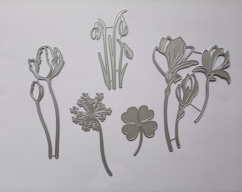 5-delars set med metallskärmönster, klöver, maskros, tulpan, snödroppe, för korttillverkning, scrapbooking och gör-det-själv-projekt