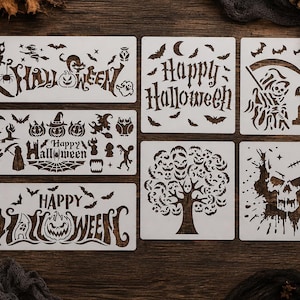 Återanvändbar Halloween-schablon | Pumpa, spöke, häxa, dödskalle, gotiska Mylar-schabloner | Mallar för DIY-skyltar, scrapbooking och korttillverkning