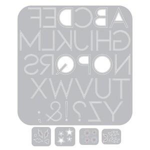 May include: A gray alphabet stencil with white outlined letters and symbols. The stencil includes the letters of the alphabet, punctuation marks, and four small decorative stencils with stars, flowers, and leaves.