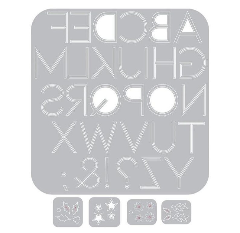 May include: A gray alphabet stencil with white outlined letters and symbols. The stencil includes the letters of the alphabet, punctuation marks, and four small decorative stencils with stars, flowers, and leaves.