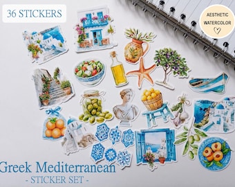 May include: A collection of 36 stickers featuring watercolor illustrations of Greek Mediterranean themes, including white buildings with blue domes, olive jars, citrus fruits, a classical bust, a starfish, and blue patterned tiles with text.