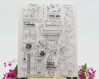 Cat Silicone Stamp Set | Cute Kitty Transparent Clear Stamps | Scrapbooking, Planner, Card Making, Journaling Supplies
