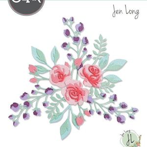 Op de afbeelding: Sizzix Thinlits stansvormenset met een bloemenontwerp van Jen Long. De uitgestanste bloemen zijn roze en rood, met lichtgroene bladeren en paarse accenten. De set bevat 7 stansvormen. Productnummer 665083.