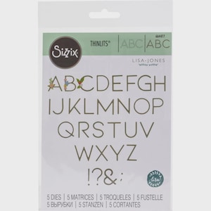 May include: A pack of Sizzix Thinlits dies displaying the alphabet letters A to Z, plus punctuation. The letters are in a sans-serif font and are a light green colour. The package also includes the text "LISA-JONES".
