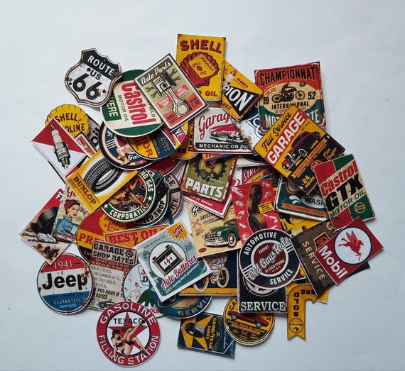 Retro Garage Stickers Pack - 56 Vintage Car & Gas Station Scrapbook Sticker Set - Classic Auto Labels for Journals and Crafts, Gift for Men