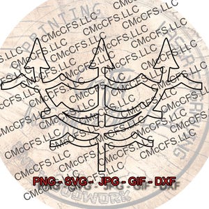 May include: A black outline of a stylized tree design, set against a light brown, wood-grain textured background. The image includes the text "PNG - SVG - JPG - GIF - DXF" and the repeated text "CMCCFS.LLC".