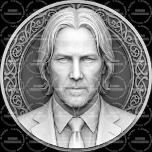 May include: A grayscale 3D-printed relief portrait of a man with long hair and a beard, wearing a suit and tie. The portrait is set within a decorative circular frame with an intricate pattern. The background is black with text.