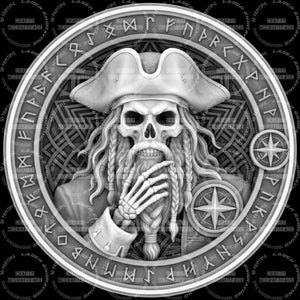 May include: A grayscale circular design featuring a skull wearing a pirate hat and holding a compass. The skull has long braided hair and a beard. The design includes runic text around the edge and a compass rose. The overall theme is pirate-related.