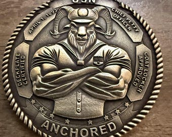 USN Chief, Goat, Goat Locker Approved, Season Gift - Challenge Coin, Fidget, Worry, Gift, Brass. FREE SHIPPING.