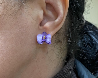 Lilac Orchid Stud Earrings, Miniature Floral Jewelry, Handmade Botanical Earrings