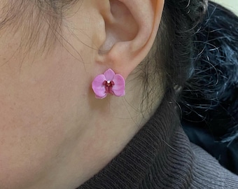 Pink Orchid Stud Earrings, Miniature Floral Jewelry, Handmade Botanical Earrings