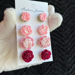 Cute peony earrings, miniature pink peonies stud earrings, burgundy peonies earrings