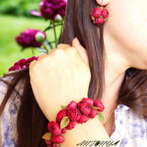 Set jewellery with burgundy peonies, set peonies earrings and bracelet , elegant set of burgundy, Set jewellery peonies for a gift
