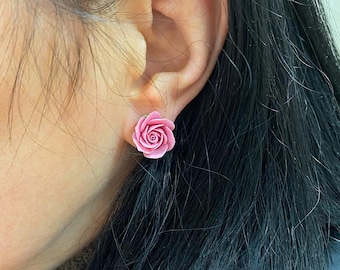 Pink Rose Stud Earrings, Polymer Clay Floral Jewelry, Handmade Botanical Earrings