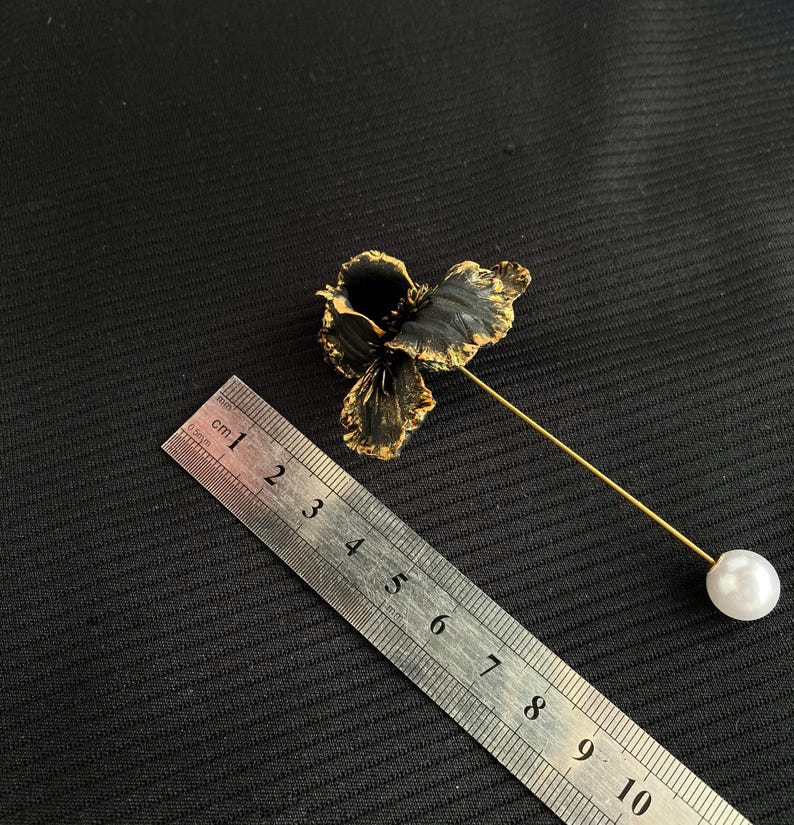 Black Iris Flower Brooch, Floral Brooch, Handmade Botanical Jewelry image 3