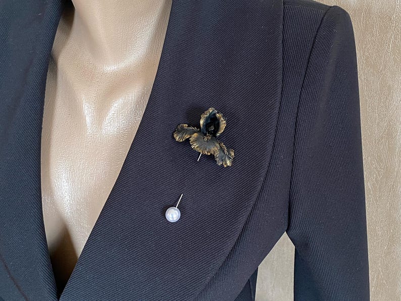 Black Iris Flower Brooch, Floral Brooch, Handmade Botanical Jewelry image 1