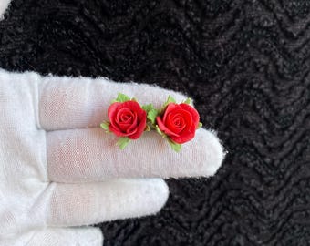Dark Red Rose Stud Earrings,Floral Earrings, Handmade Botanical Jewelry