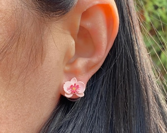 Peach Orchid Stud Earrings, Miniature Floral Jewelry, Handmade Botanical Earrings