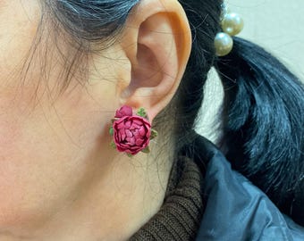 Burgundy Peony Bouquet Stud Earrings, Floral Earrings, Handmade Botanical Jewelry