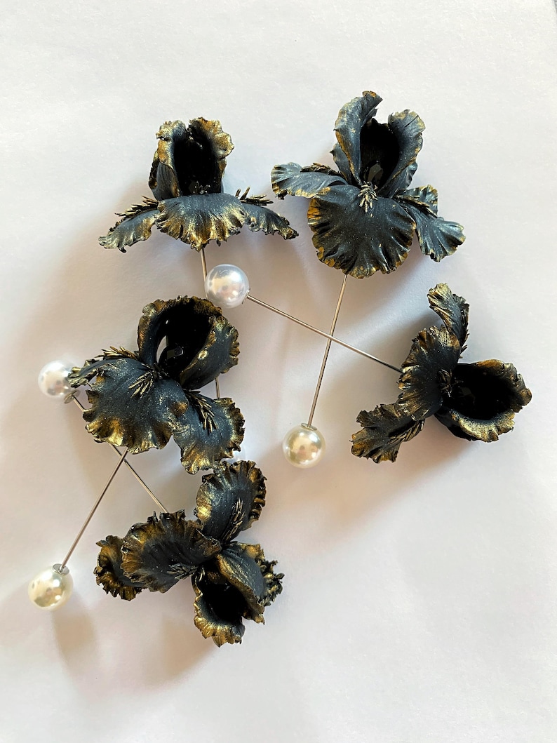 Black Iris Flower Brooch, Floral Brooch, Handmade Botanical Jewelry image 4