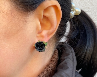 Black Roses Earrings, Floral Earrings, Handmade Botanical Jewelry