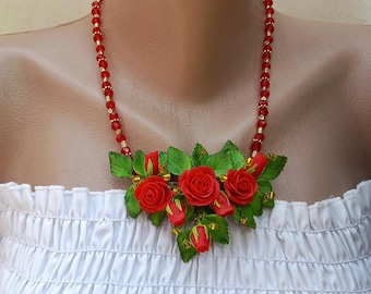 Red Roses Necklace, Floral Jewelry, Handmade Botanical Accessories