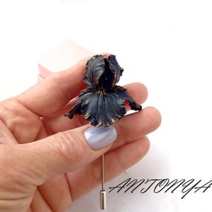 Black Iris Flower Brooch, Floral Brooch, Handmade Botanical Jewelry image 5