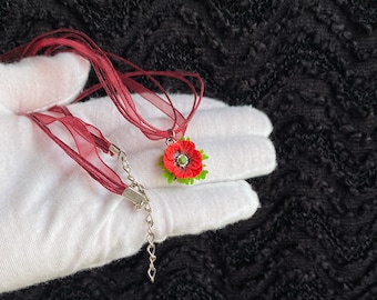Red Poppy Pendant Floral Necklace, Handmade Botanical Jewellery