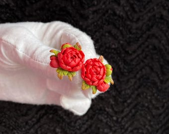 Red Peony Bouquet Stud Earrings, Floral Earrings, Handmade Botanical Jewelry