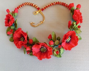Rote Mohnblumen-Halskette: Polymer Clay Blumenschmuck, Handgefertigte Pflanzenaccessoires