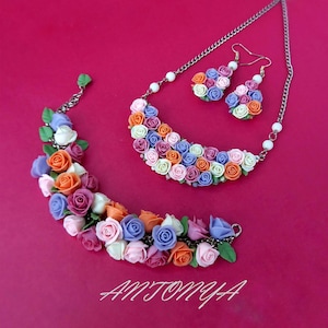 Rose flower jewellery set, roses necklace, roses earrings and bracelet  set, summer bright jewelry roses set