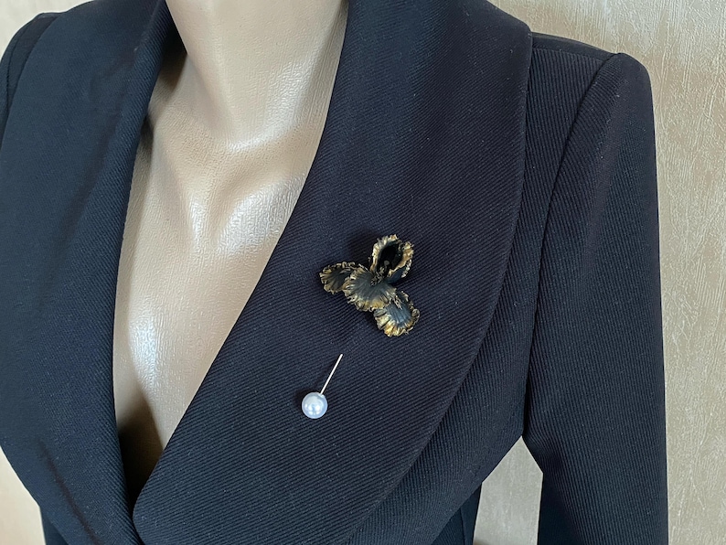 Black Iris Flower Brooch, Floral Brooch, Handmade Botanical Jewelry image 10
