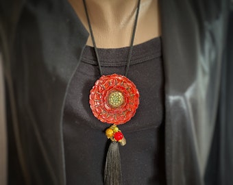 Tassel necklace with red poppy, necklace red poppy flower for women, long tassel necklace, boho tassel necklace with poppy, tassel jewelry