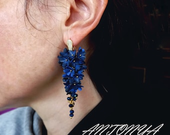 Dark Blue Flower Clusters Earrings, Floral Earrings, Handmade Jewelry