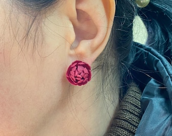 Burgundy Peony Stud Earrings,Floral Earrings, Handmade Botanical Jewelry