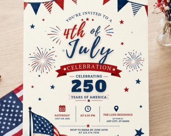 Invitación para el 4 de julio, invitación editable para fiesta del Día de la Independencia en Canva, plantilla para barbacoa, descarga instantánea.