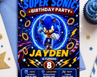 Plantilla editable de invitación de cumpleaños de Sonic, invitación para fiesta de Sonic, invitación de cumpleaños infantil imprimible en Canva, descarga instantánea.