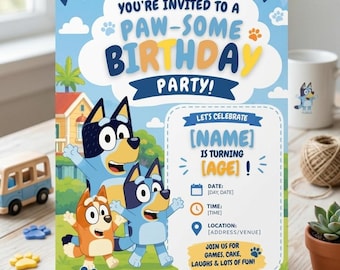 Invitación de cumpleaños con diseño de perro azul, plantilla editable de Canva para fiestas, invitación infantil imprimible, descarga instantánea.