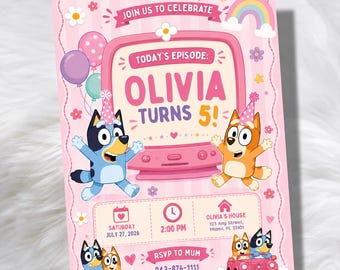 Invitación de cumpleaños para niñas con diseño de perro azul, plantilla editable de Canva para fiestas infantiles, invitación con perro de dibujos animados, descarga instantánea.