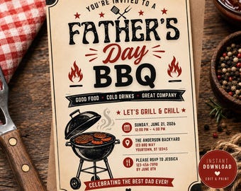 Invitación para barbacoa del Día del Padre, invitación editable para fiesta al aire libre en Canva, parrilla y relax, descarga instantánea.