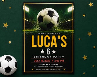 Invitación de cumpleaños de fútbol, plantilla editable de Canva para fiestas infantiles, invitación de cumpleaños de fútbol, descarga instantánea imprimible.