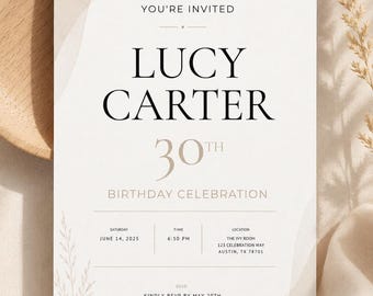 Plantilla de invitación para el 30 cumpleaños, invitación minimalista editable en Canva, elegante invitación de cumpleaños para adultos, descarga instantánea.