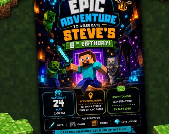 Invitación de cumpleaños con diseño de bloques pixelados, invitación para fiesta de aventuras, plantilla de Canva para niños, descarga imprimible para gamers.