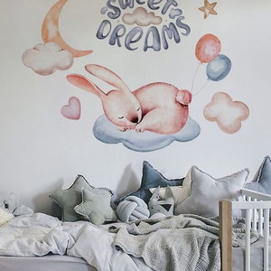 Removable Water Color Wall Art Baby Rabbit Wall Decal For Girl Room Wall Mural Boy Room Decoration
