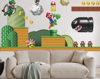 May include: A set of Super Mario wall decals featuring Mario riding Yoshi, Luigi, Toad on a cloud, a Bullet Bill, Goombas, a Spiny, gold coins, a question block with a mushroom, and green pipes arranged in a colorful video game landscape scene.